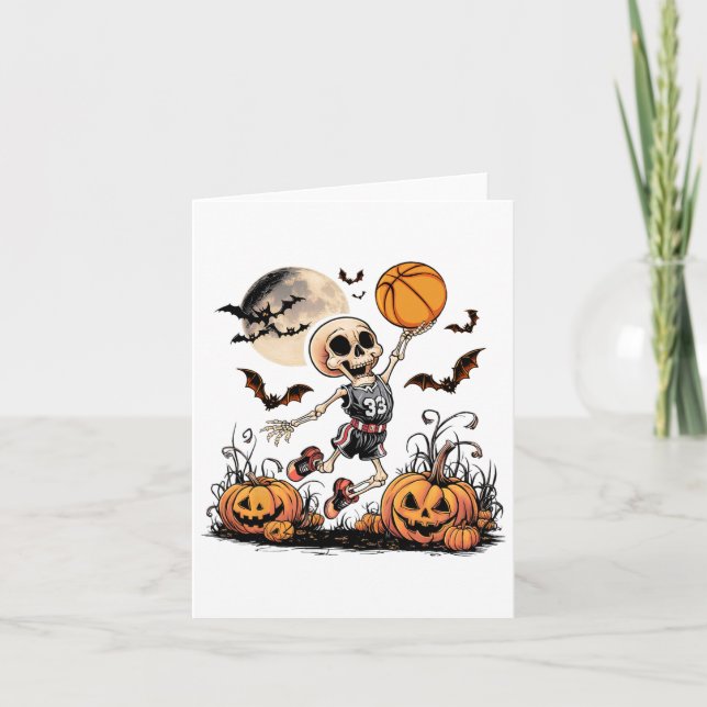 Skeleton Playing Basketball Halloween Men Boys Bas Card (Front)