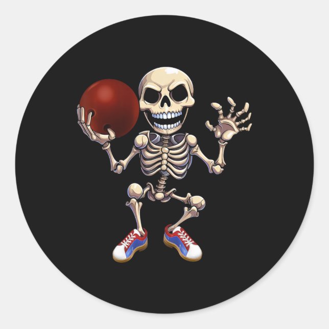 Skeleton Playing Bowling Funny Halloween Skull Kid Classic Round Sticker (Front)
