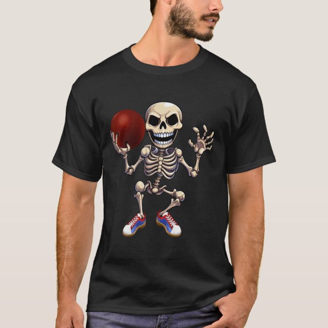 Skeleton Playing Bowling Funny Halloween Skull Kid T-Shirt (Front)