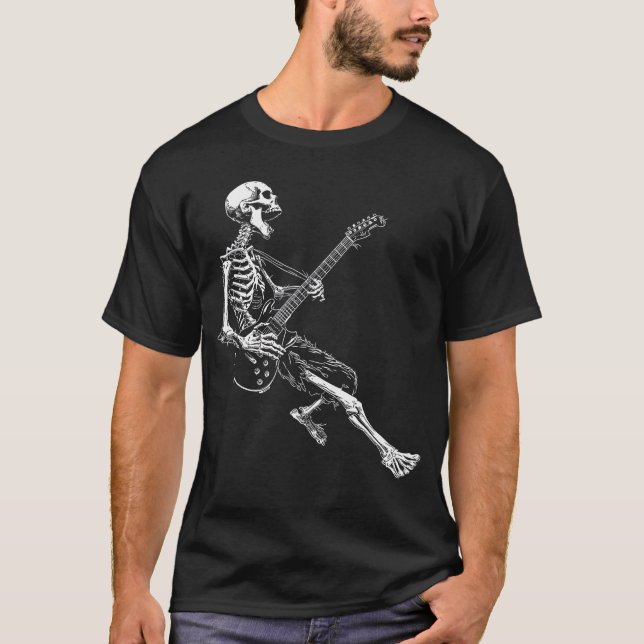 Skeleton playing Guitar Rock And Roll Rock On men  T-Shirt (Front)