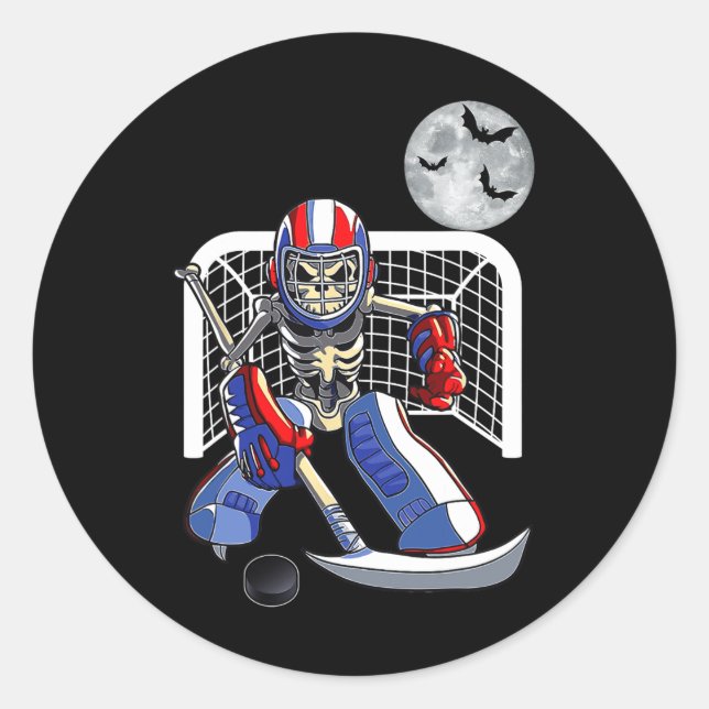 Skeleton Playing Ice Hockey Happy Halloween Day Bo Classic Round Sticker (Front)