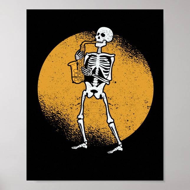 Skeleton playing saxophone jazz halloween music poster (Front)