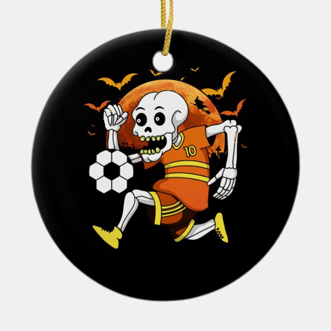 Skeleton Playing Soccer Funny Halloween Soccer Spo Ceramic Tree Decoration (Front)