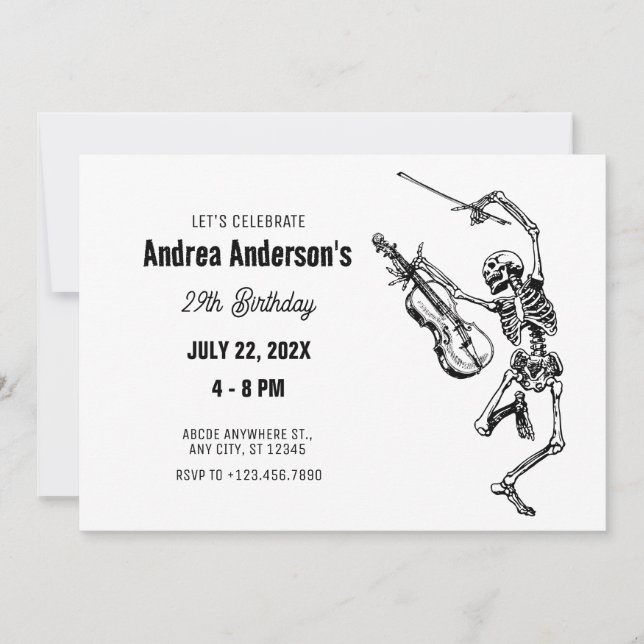 Skeleton playing violin Music birthday Invitation (Front)
