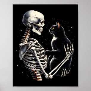 Skeleton Playing With A Cat Graphic Skull Cat Grap Poster