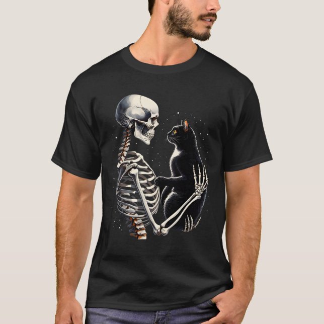 Skeleton Playing With A Cat Graphic Skull Cat Grap T-Shirt (Front)
