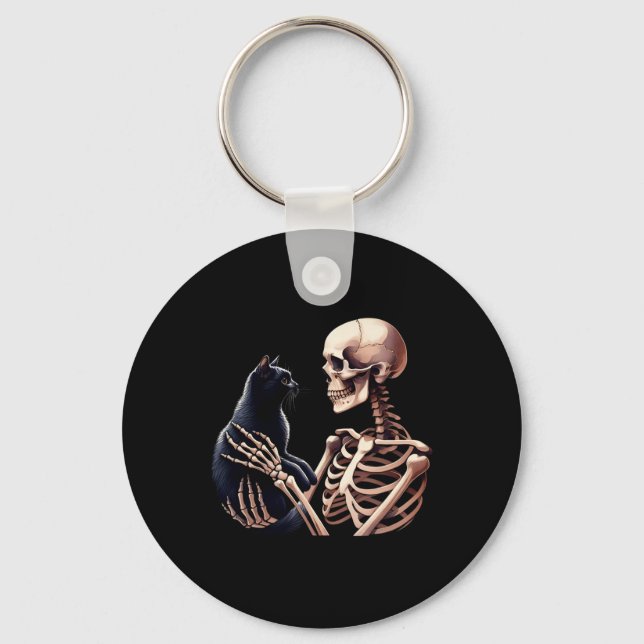 Skeleton Playing With A Cat Graphic Skull Cat Love Key Ring (Front)