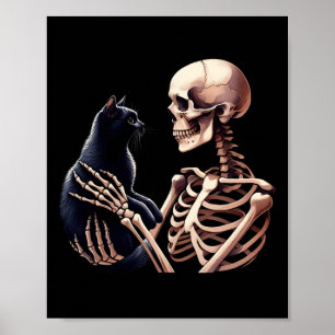 Skeleton Playing With A Cat Graphic Skull Cat Love Poster