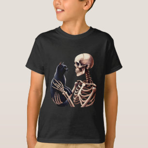 Skeleton Playing With A Cat Graphic Skull Cat Love T-Shirt