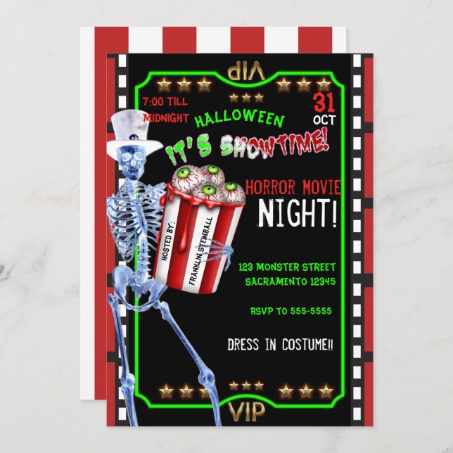 Skeleton Popcorn Eyeballs Halloween Movie Night Invitation (Front/Back)