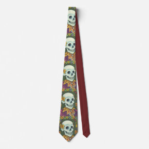 SKELETON PORTRAIT, SKULL, AUTUMN LEAVES NECK TIE