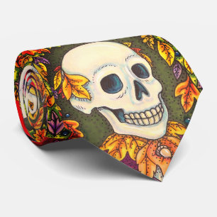 SKELETON PORTRAIT, SKULL, AUTUMN LEAVES NECK TIE