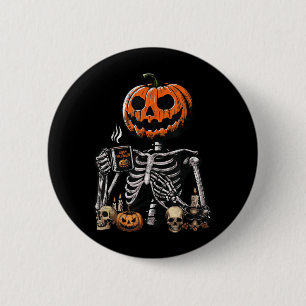 Skeleton Pumpkin Coffee Drinking Funny Halloween 6 Cm Round Badge