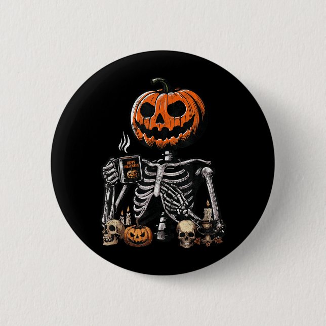 Skeleton Pumpkin Coffee Drinking Funny Halloween 6 Cm Round Badge (Front)