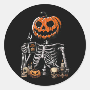 Skeleton Pumpkin Coffee Drinking Funny Halloween Classic Round Sticker