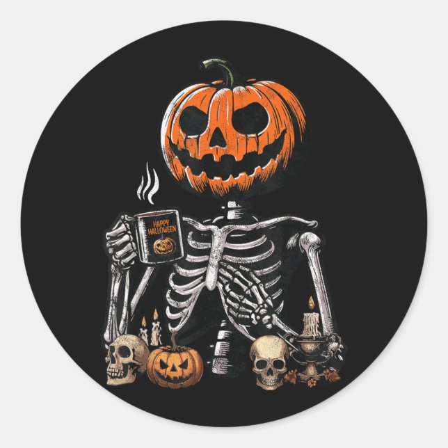 Skeleton Pumpkin Coffee Drinking Funny Halloween Classic Round Sticker (Front)