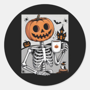 Skeleton Pumpkin Drinking Coffee Men Women Hallowe Classic Round Sticker