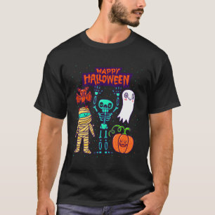 Skeleton Pumpkin Ghost Bat Happy Halloween T-Shirt