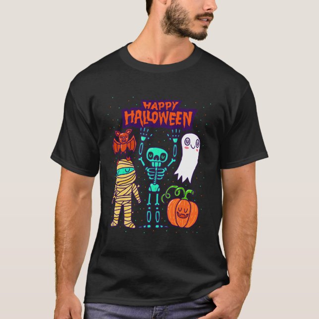 Skeleton Pumpkin Ghost Bat Happy Halloween T-Shirt (Front)