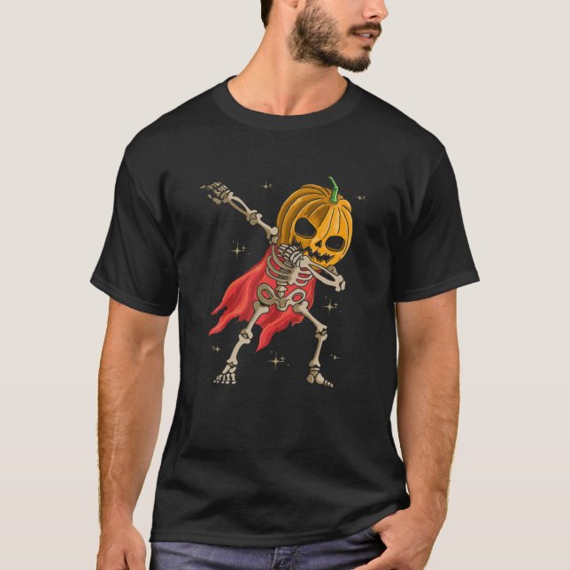 Skeleton Pumpkin Head Dabbing Halloween T T-Shirt (Front)