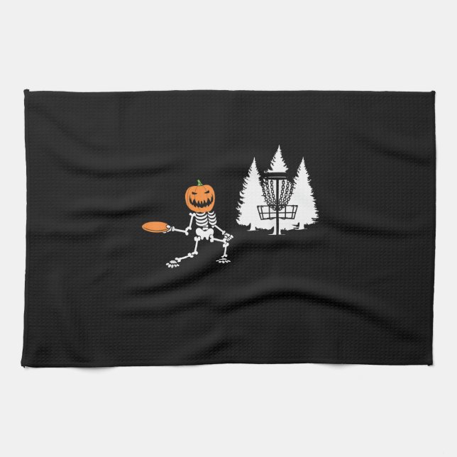 Skeleton Pumpkin Head Disc Golf Player Halloween Tea Towel (Horizontal)