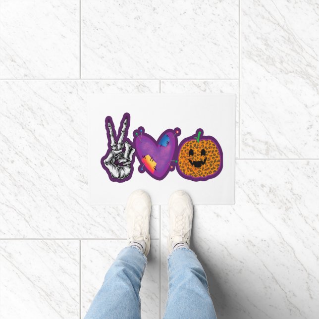 Skeleton Pumpkin Peace Love Halloween Doormat (Indoor)