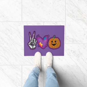 Skeleton Pumpkin Peace Love Halloween Doormat