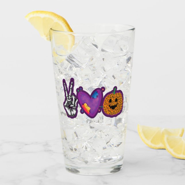 Skeleton Pumpkin Peace Love Halloween Glass (Front Ice)