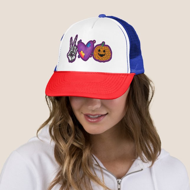 Skeleton Pumpkin Peace Love Halloween Trucker Hat (In Situ)
