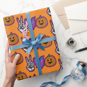 Skeleton Pumpkin Peace Love Halloween Wrapping Paper