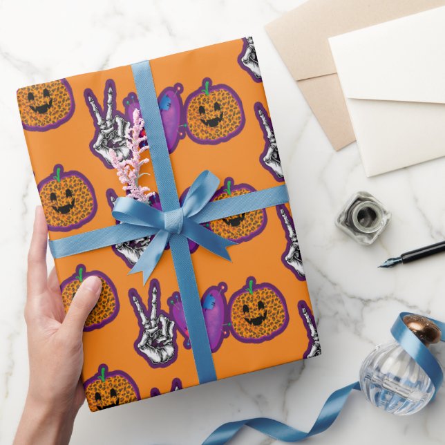 Skeleton Pumpkin Peace Love Halloween Wrapping Paper (Gifting)