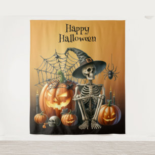 Skeleton Pumpkins Halloween Backdrop Tapestry