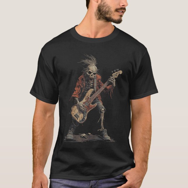 Skeleton Punk Rocker Halloween Bass Guitar Rock N  T-Shirt (Front)