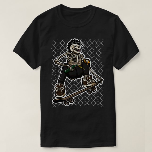 Skeleton Punk Skateboard Fence T-Shirt (Design Front)