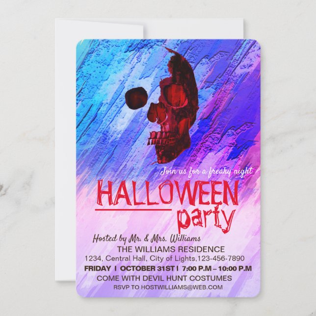 Skeleton Purple Painted Halloween Watercolor Art Invitation (Front)