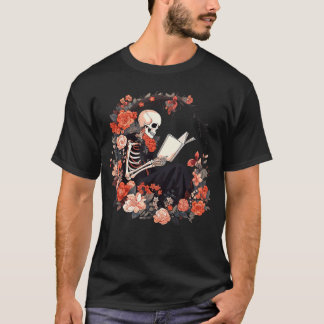 Skeleton Reading Book Lover Floral Flowers Bookish T-Shirt