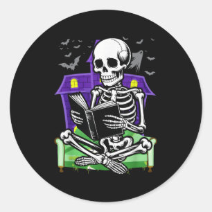 Skeleton Reading Book Lovers Bookworms Readers Hal Classic Round Sticker