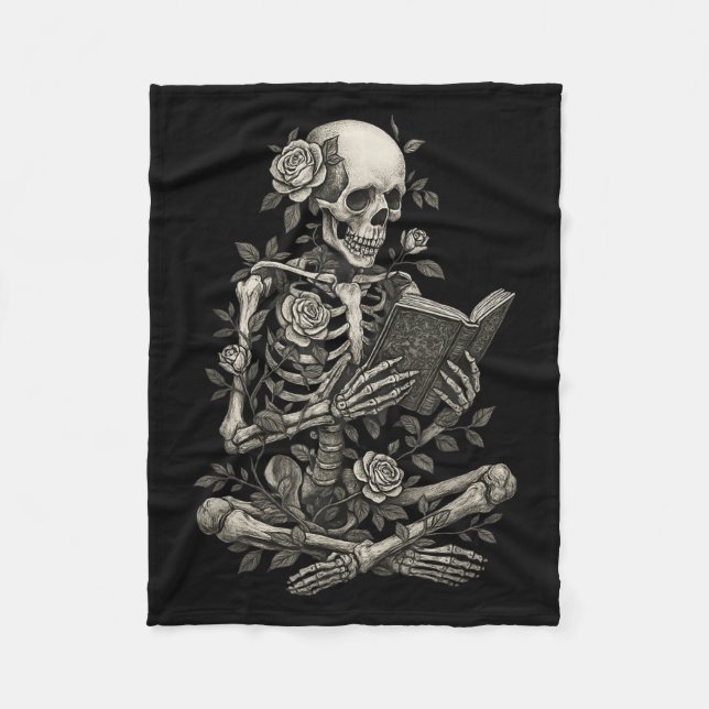 Skeleton Reading Flowers Creepy Halloween  Fleece Blanket (Front)