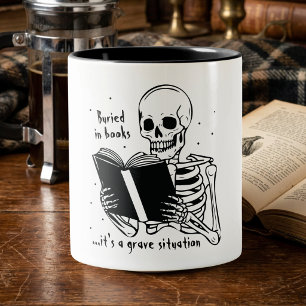 Skeleton Reading Funny Book Lover Two-Tone Coffee Mug