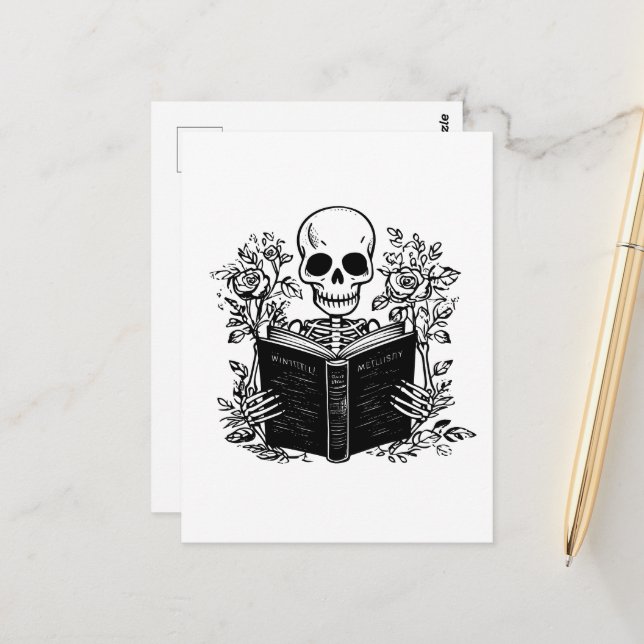 Skeleton reading romance book postcard (Front/Back In Situ)