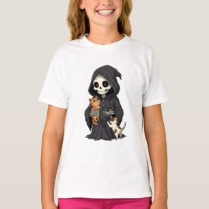 Skeleton Reaper Cuddling Kittens Kids T-Shirt