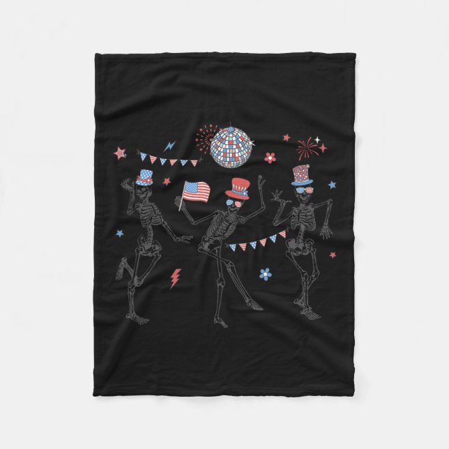 Skeleton Retro 4th Of July American Flag Skellies  Fleece Blanket (Front)