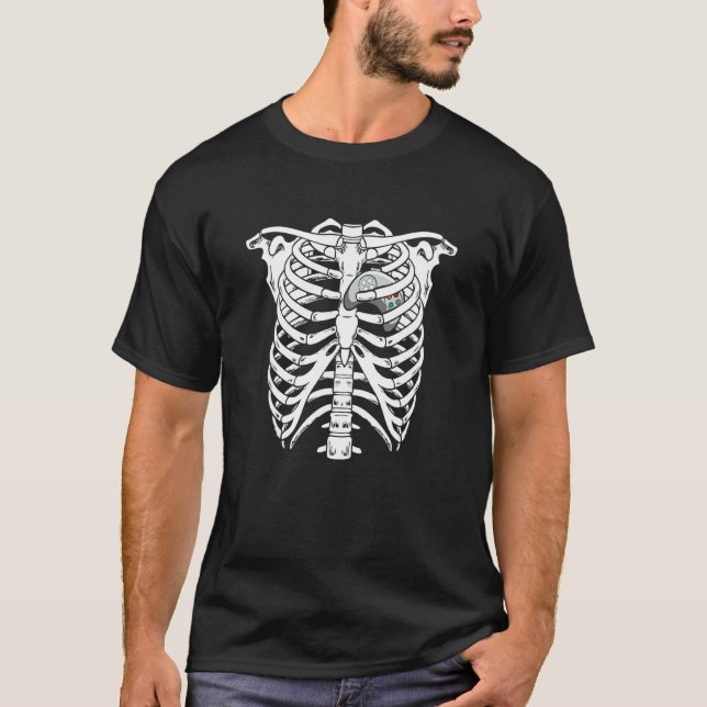 Skeleton Rib Cage Game Controller Halloween Costum T-Shirt (Front)