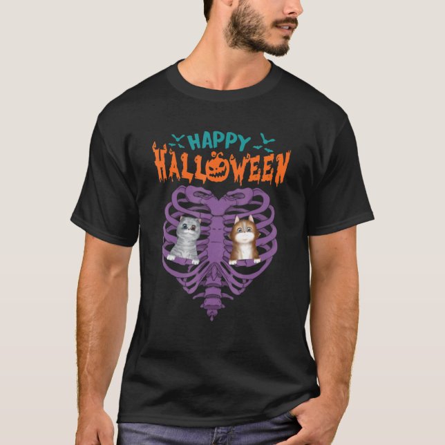 Skeleton Rib Cage Jumbo With Cat Print Funny Hallo T-Shirt (Front)