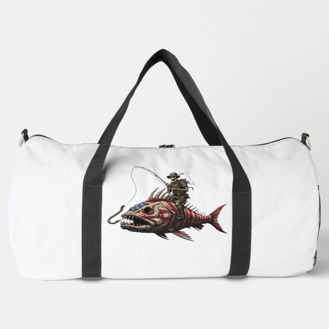 Skeleton Rides American Flag Fish Duffle Bag (Front)