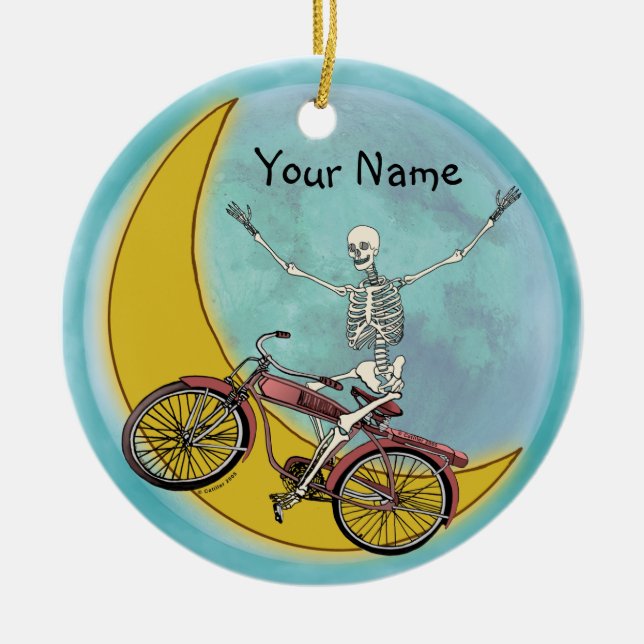 Skeleton Riding Bike Ceramic Tree Decoration (Front)