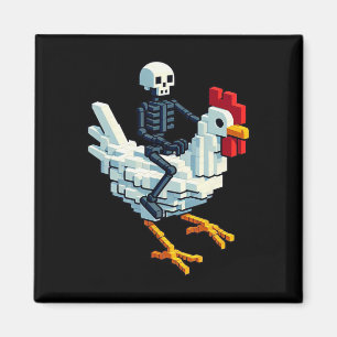 Skeleton Riding Chicken Block Style Pixel Art Gami Magnet