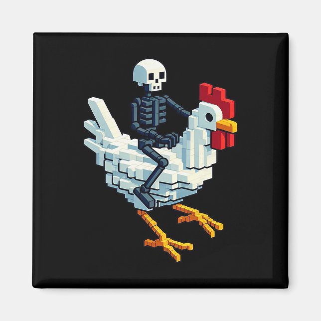 Skeleton Riding Chicken Block Style Pixel Art Gami Magnet (Front)