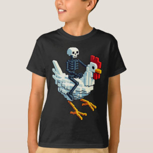 Skeleton Riding Chicken Block Style Pixel Art Gami T-Shirt