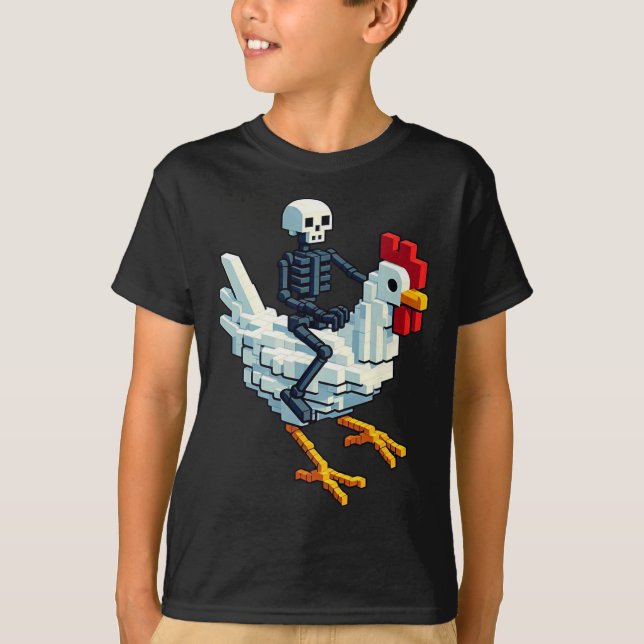 Skeleton Riding Chicken Block Style Pixel Art Gami T-Shirt (Front)